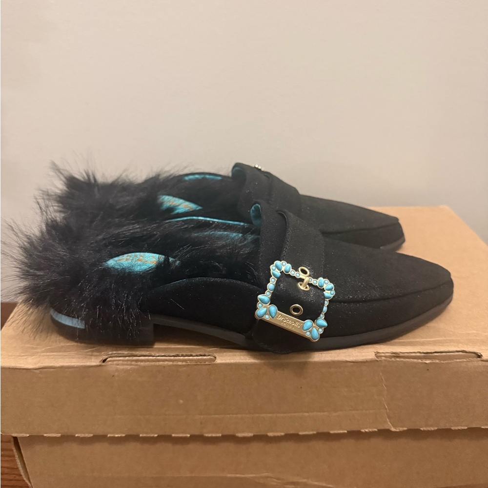 Dr Scholls Mr Carl Black Fur-Trimmed Women's Loafers NEW 6 - Picture 3 of 7